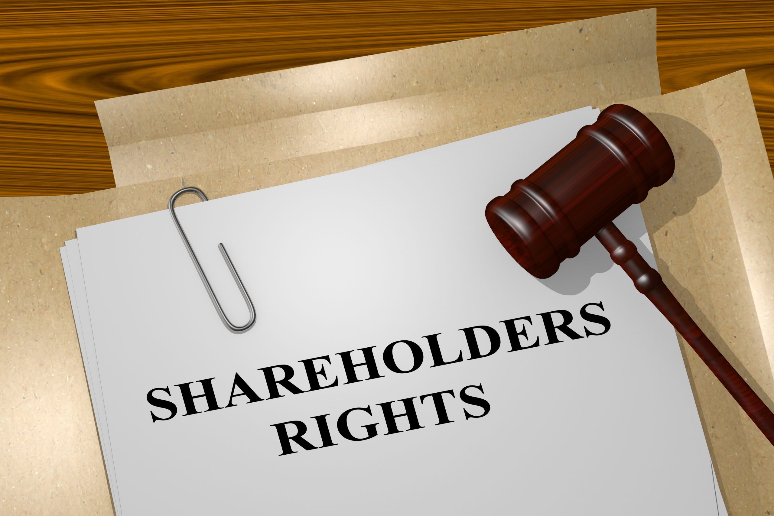 A piece of paper with the words "Shareholder Rights" in bold font and a gavel